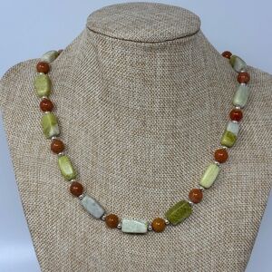 Mens Beaded Necklace Green Peridot Jasper & Orange Quartz Stones Handmade Unisex